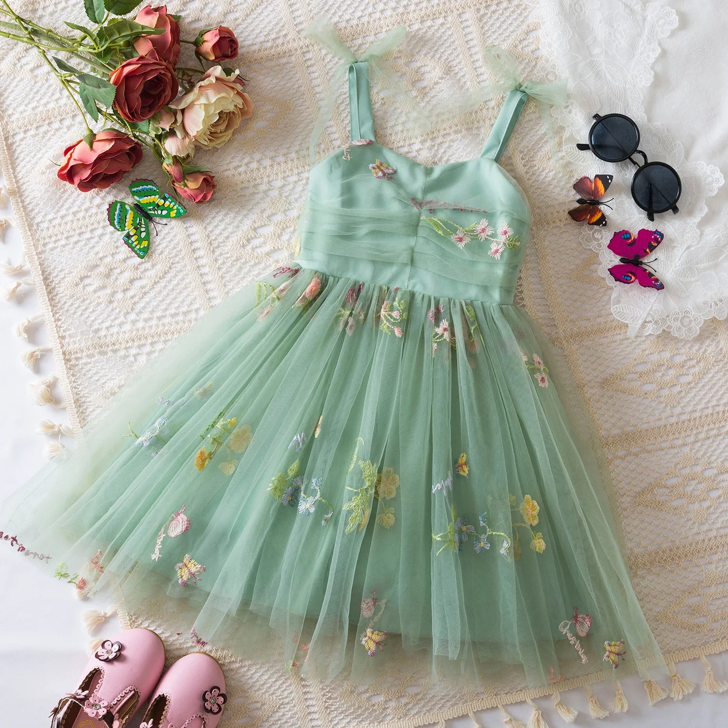 Summer New Baby Girl Dress Sweet Suspender Tulle Causal Princess Dress Flower Embroidery Bow Birthday Party Dress 1-5 Years