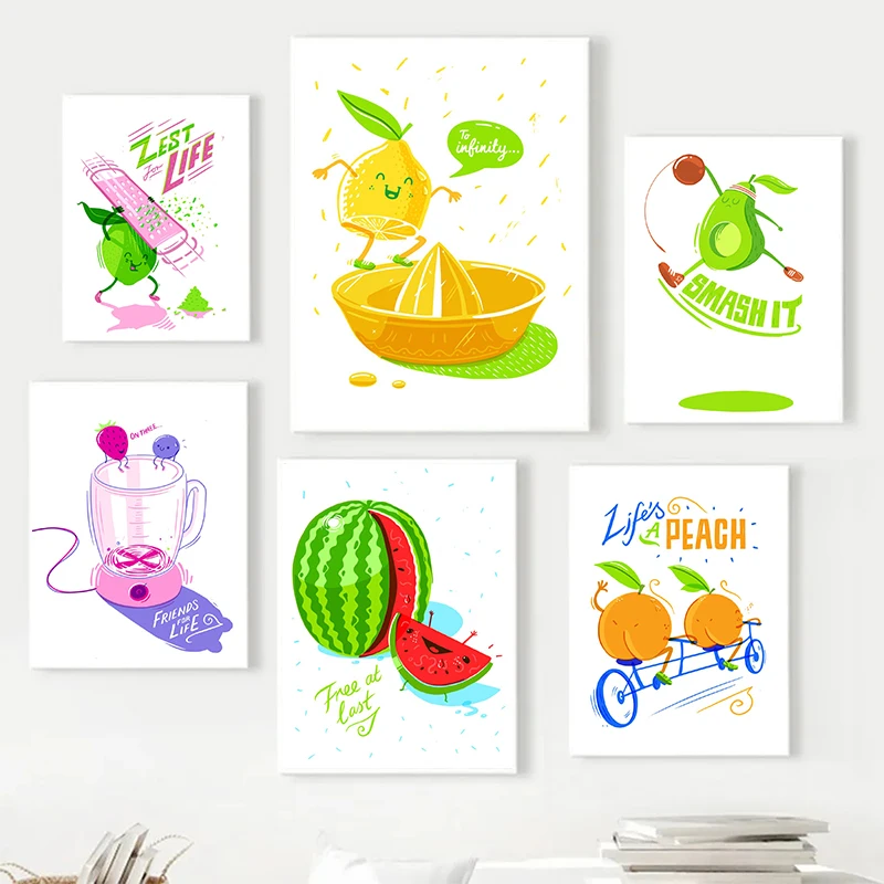 Funny Cute Fruits and Vegetables Peach Avocado Eggplant Posters Prints Canvas Printing Wall Art Picture for Kitchen Home Decor