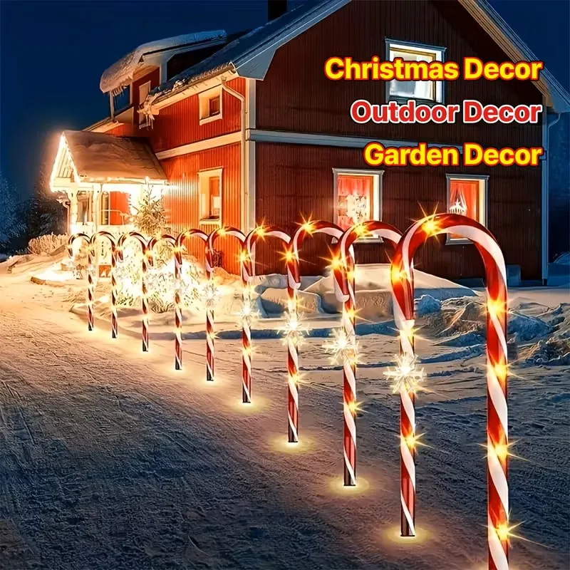 Luz solar de bastão de doces 5 em 1, decoração de Natal externa à prova d'água com padrão de floco de neve para quintal, gramado, entrada de automóveis, jardim