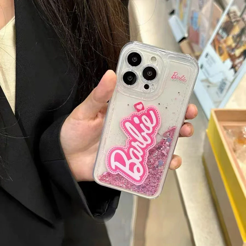 Miniso Ins Barbie Sparkling Pink Quicksand Transparent All-Inclusive Iphone Case for 15/14/13/12Promax Apple New Girl Gift Tide