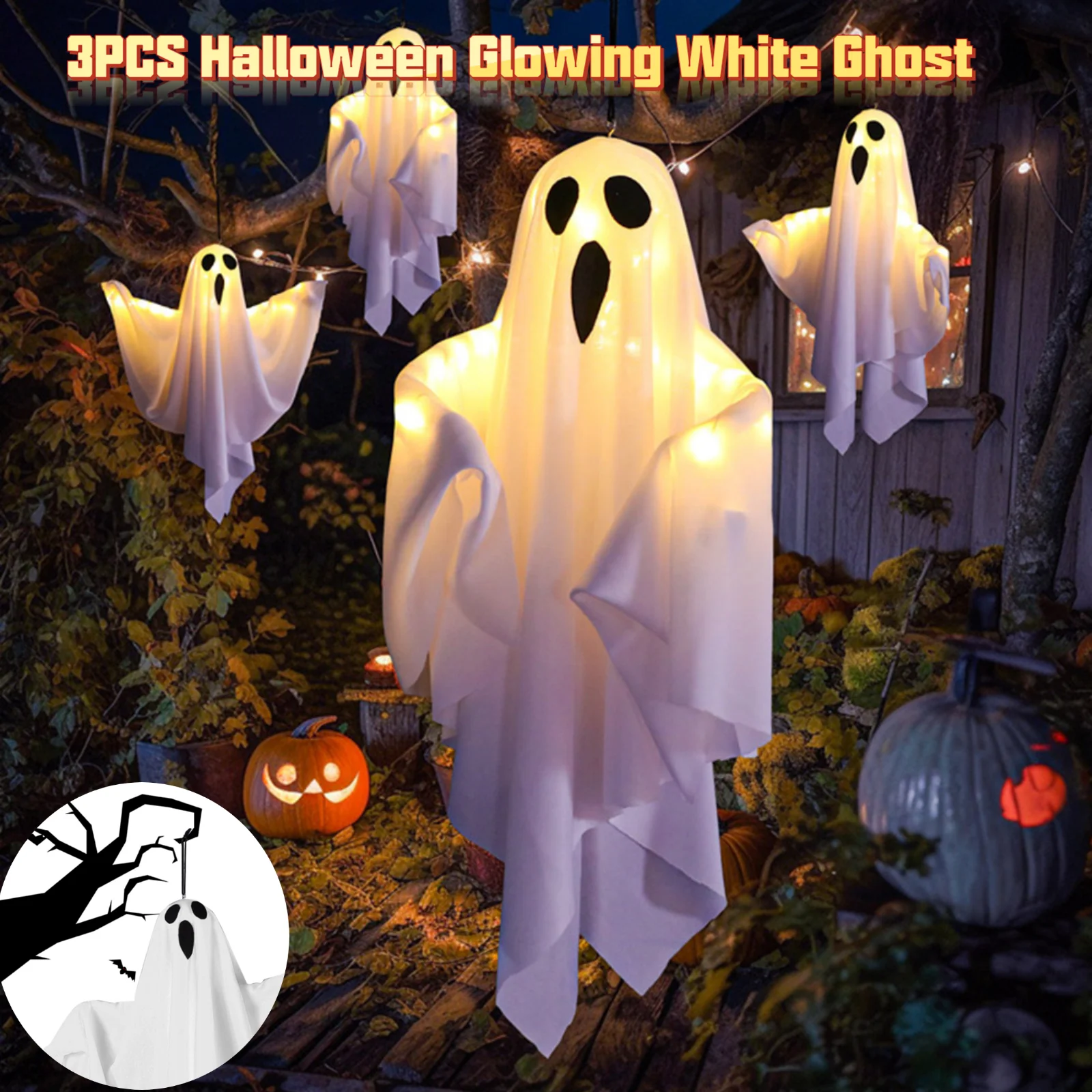 

3PCS Halloween Glowing White Ghost Spooky LED Lighting Hanging Ghosts Poseable Horror Props Haunted House Halloween Decoration