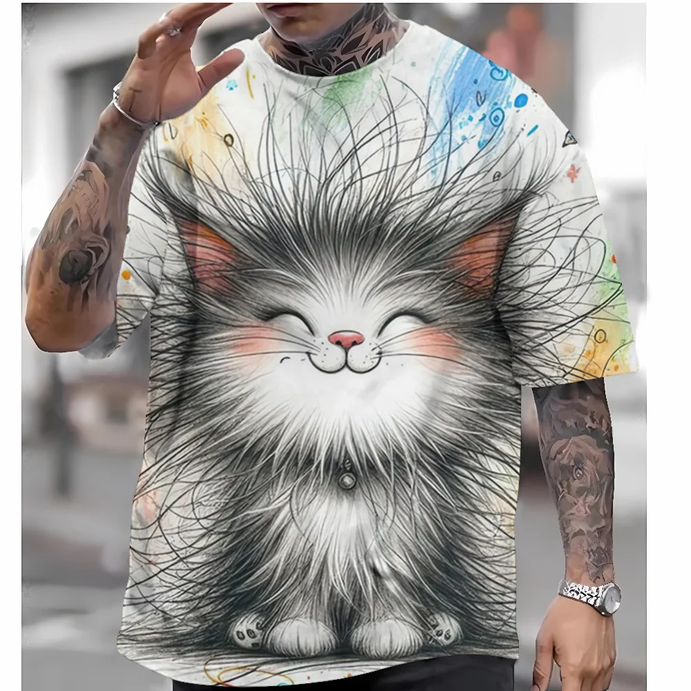 

Men's T-Shirt Cute Cat Pattern Short Sleeved Casual Tees Tops Loose O Neck Pullover Streetwear Sport Outdoor Oversized Clothing