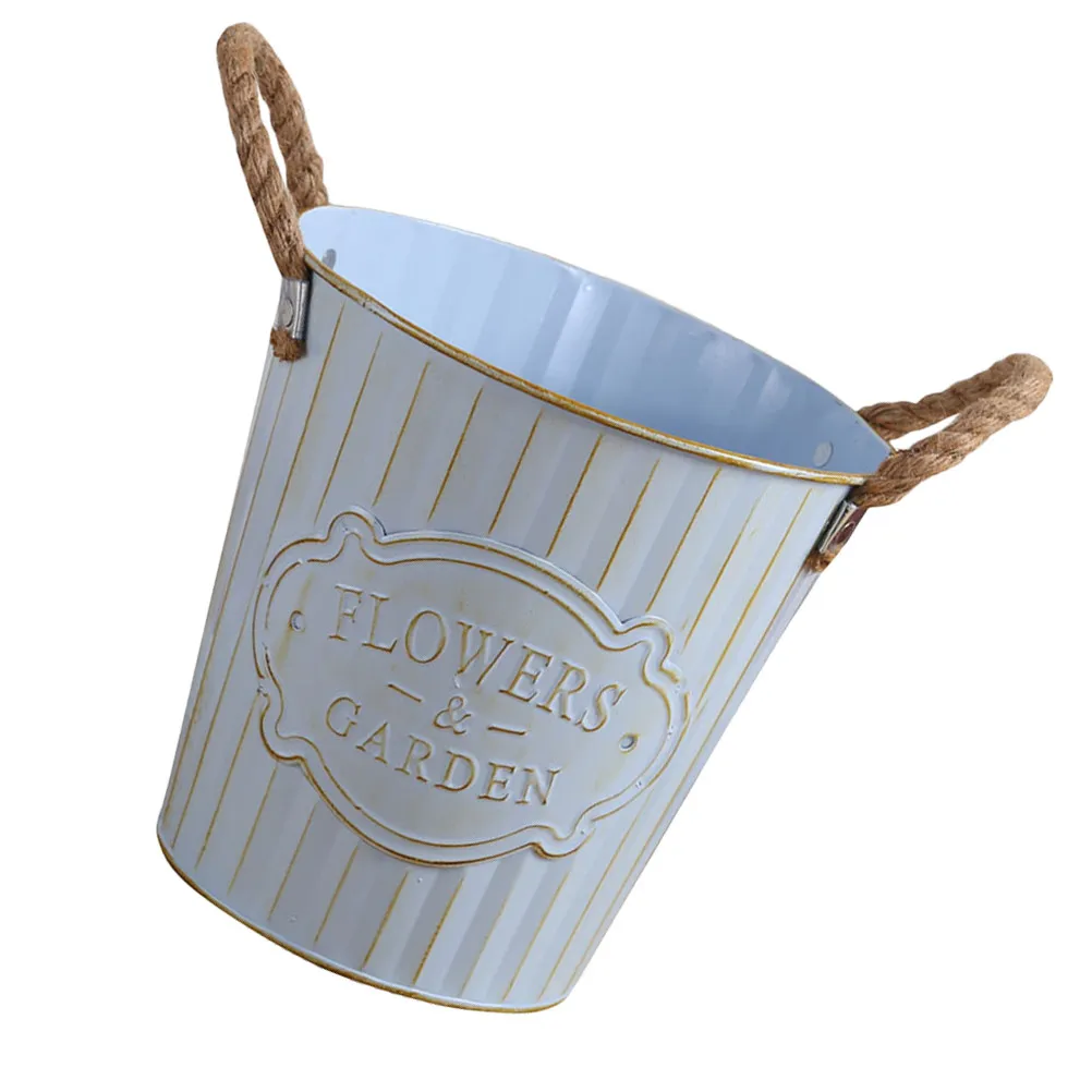 Metal Flower Bucket Iron Vintage Style with Natural Hemp Rope Handle for Home Decor Balcony Vegetable Garden Office Desk Dry