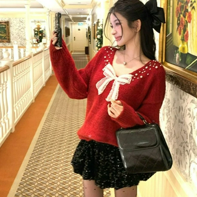 

Autumn Winter Elegant High-end Two-piece Set Christmas New Year French Bow Knitted Sweater Body-hugging Short Skirt for Women