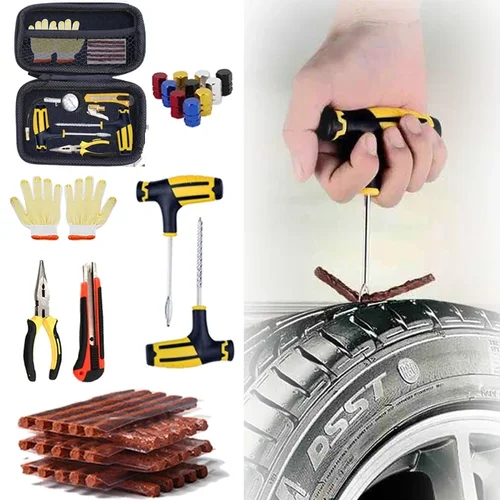 Imagen 1 del producto Kit de reparación de neumáticos de coche, herramienta de tachuelas con tiras de goma, juego de herramientas de tapón de punción, sin pegamento, reparación de automóviles y motocicletas, película para neumáticos