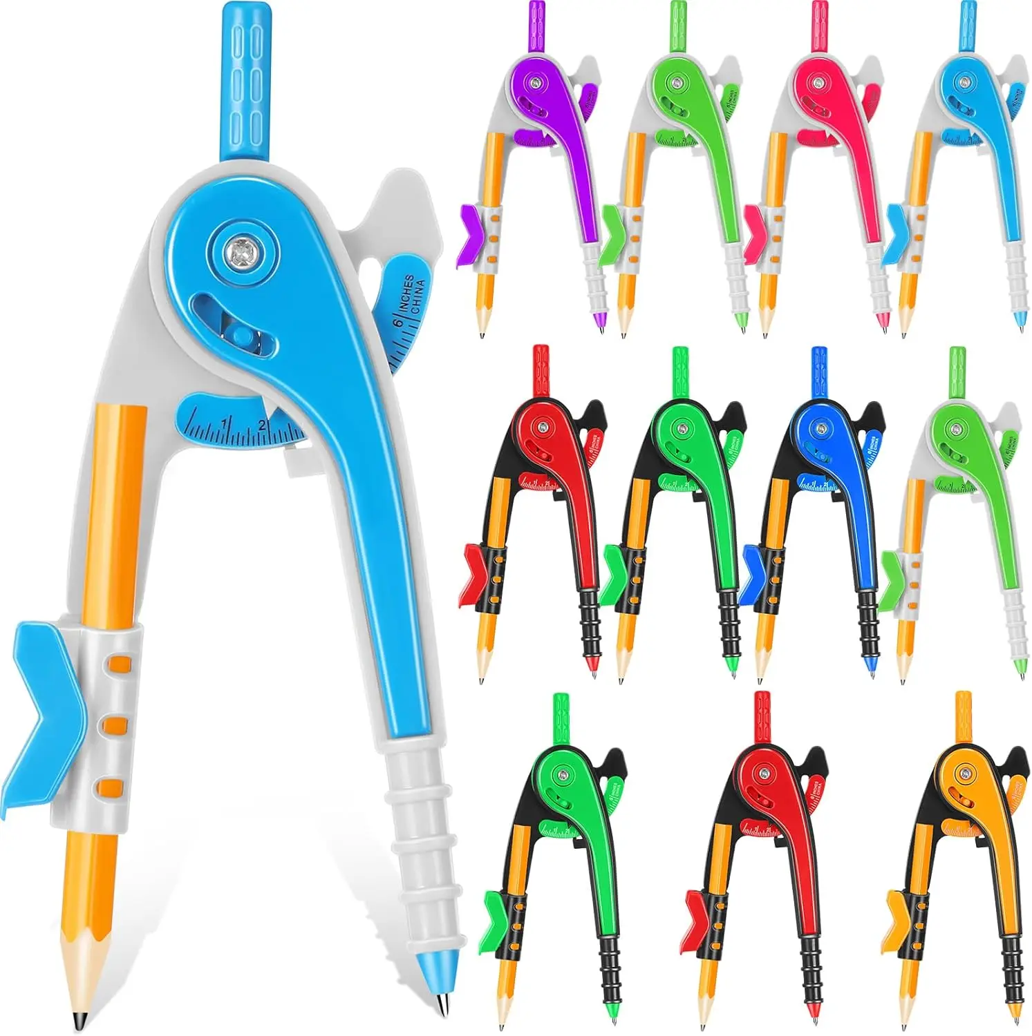 

6 Inch Plastic Drawing Compass Bulk 12 Pcs Bright Color Precision Geometry Tool Back to School Supplies