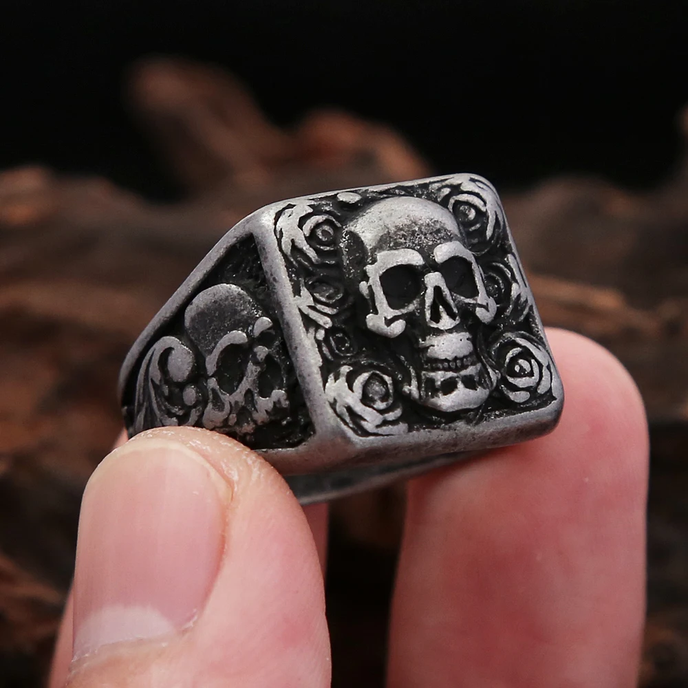 Punk Rock Vintage Skull Men Rings Gothic Biker 316L Stainless Steel Skeleton Ring Hip Hop Cool Motorcycle Jewelry Halloween Gift