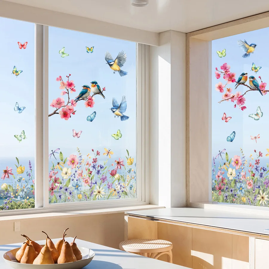 

Double Sided Colorful Flowers Butterfly Wall Sticker Window Glass Paste Visible Decorative Wall Decal Home Decoration