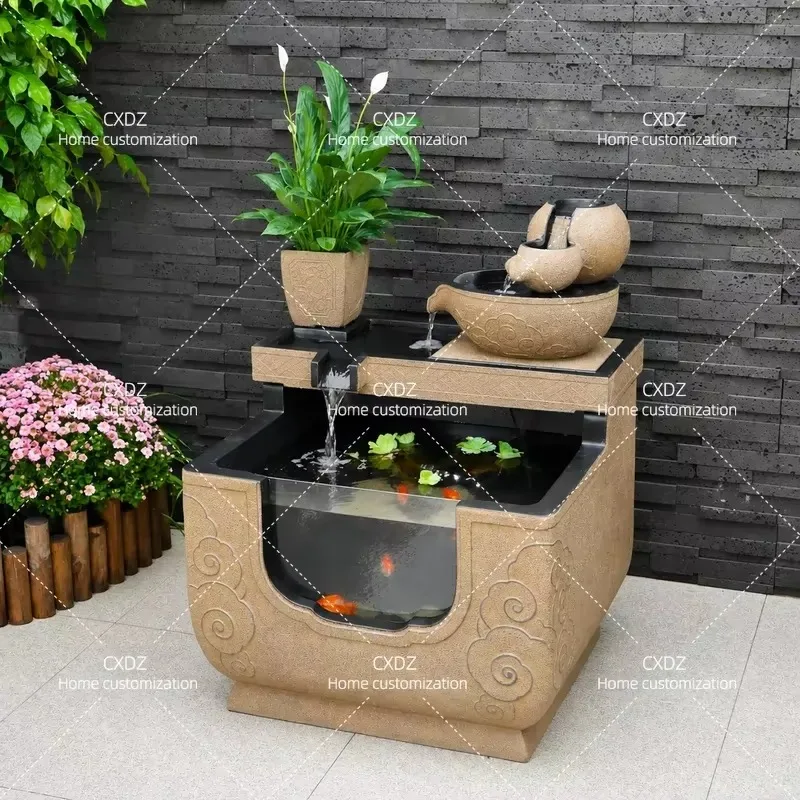 Outdoor Garden Fish Pond Water Feature Flowing Water Ornament Circulating Fountain for Courtyard Balcony Landscaping Ancient