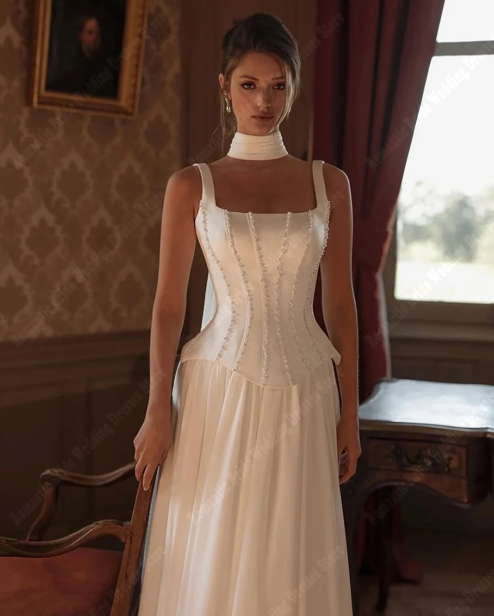 Gaun Pengantin Wanita Model A-Line Kerah Kotak 2026, Gaun Pengantin Satin Elegan Tanpa Lengan yang Dapat Disesuaikan, Panjang Menyentuh Lantai, Vestido De Novia