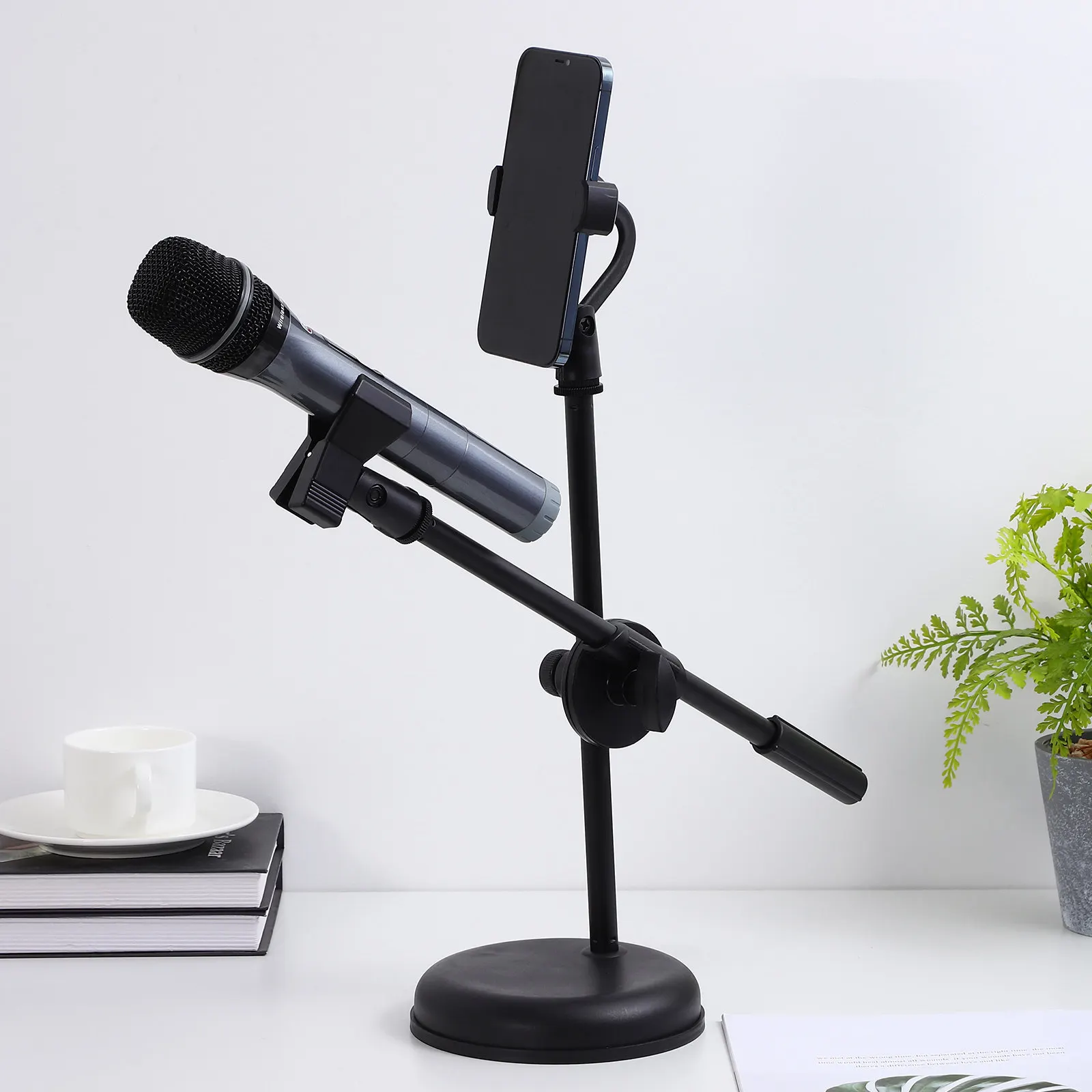 1Set Desktop Microphone Stand Adjustable Mic Holder with Phone Clip Thickened Base for Home Studio Podcasting Live Streaming