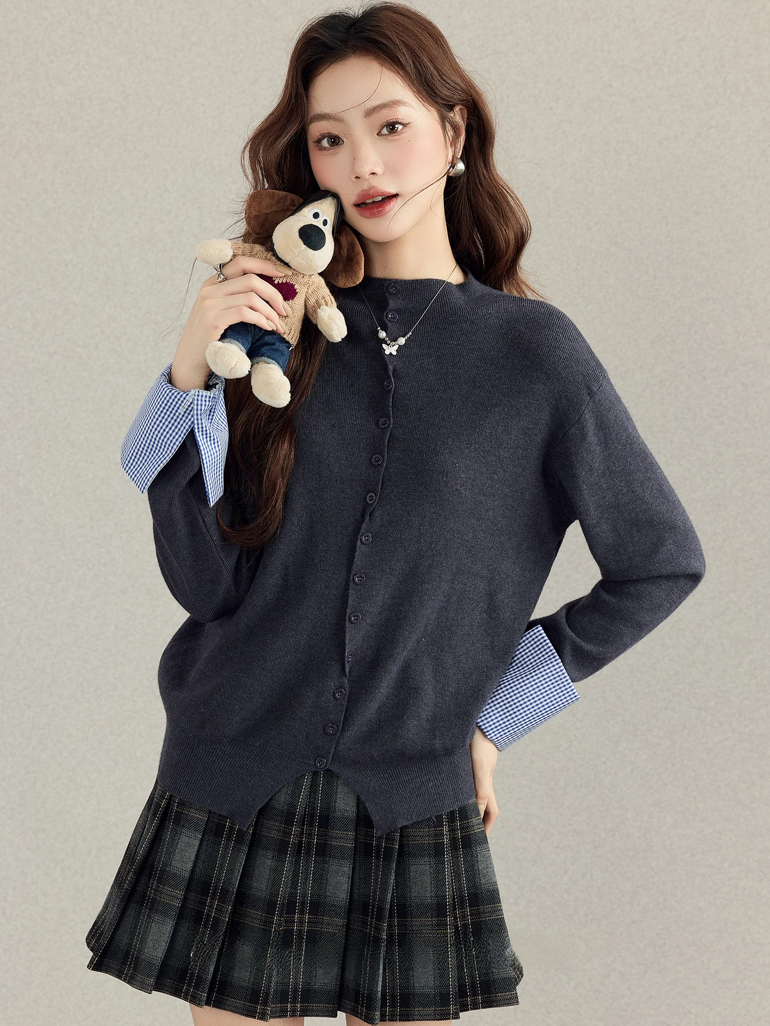 

Женский вязаный кардиган в клетку с длинными рукавами, осенне-зимняя верхняя одежда, повседневный стиль, асимметричный дизайн