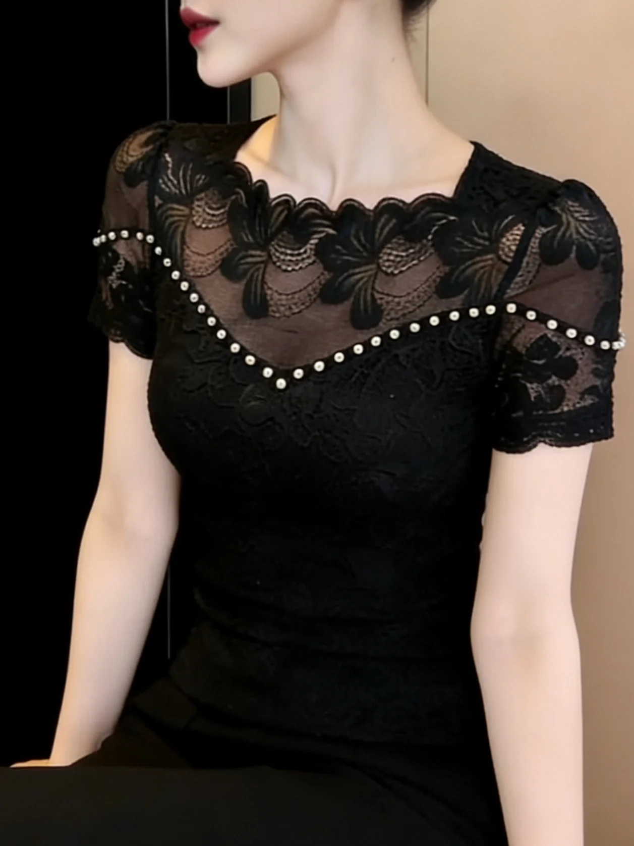 Spring Summer Women's Lace Trim V-Neck Short Sleeve T-Shirt Sexy Slimming Hollow out Top Trendy Fashion Ladies' Tee