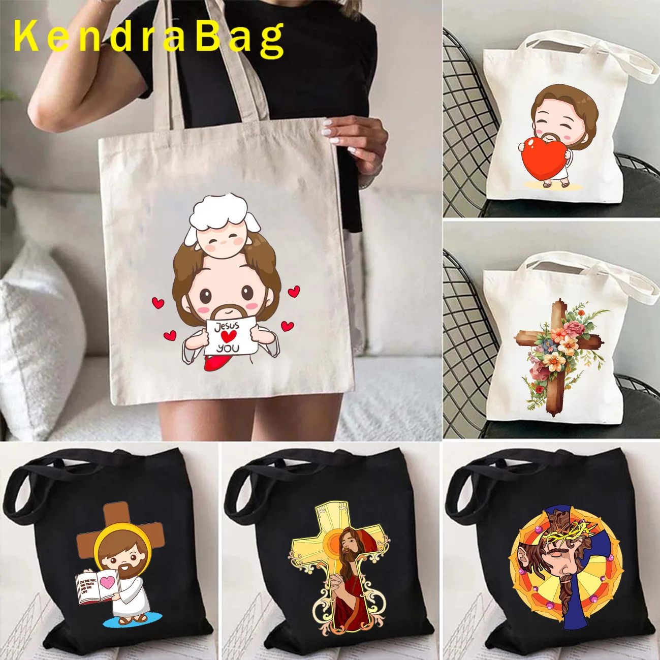 Cartoon Jesus Christ Floral Cross Love Faith Cute Christian Bible Belief Gifts Canvas Shoulder Totes Bag Shopper Cotton Handbags