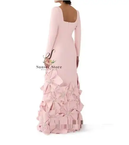 Vestido de noite rosa personalizado, pescoço quadrado, mangas compridas, pérolas, flores, linha, formal, baile, concurso, vestidos de festa