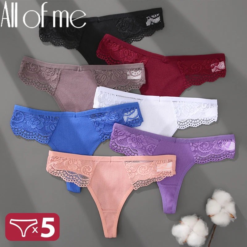 5PCS/Set Women Cotton Panties Sexy Lace Thong G-String Intimates Underwear for Female V-Waist Lingerie Floral Breathable Panties