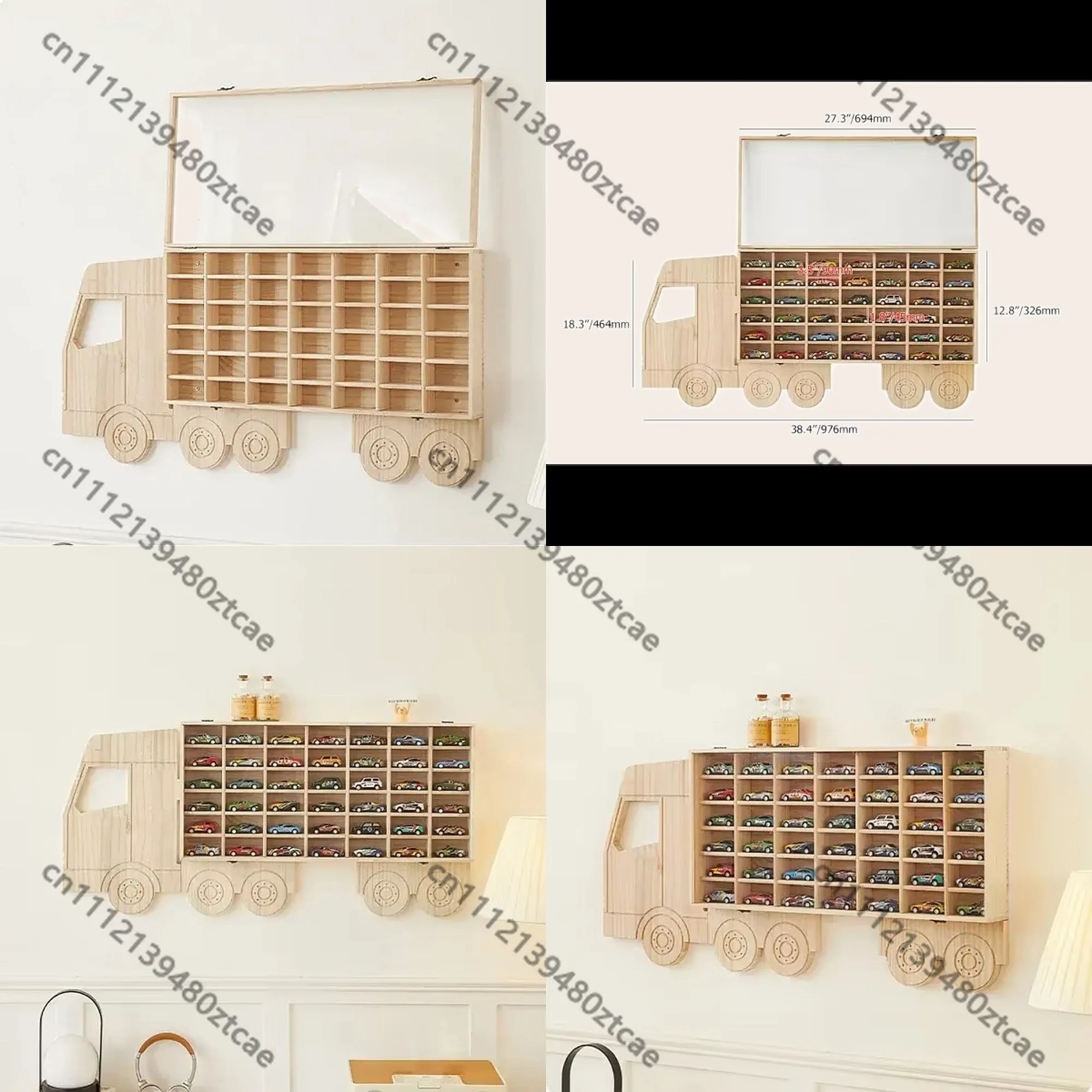 Wood Toy Car Display Rack Holds 42 Diecast Cars Model Storage Case with Lid Wall-Mounted Cabinet