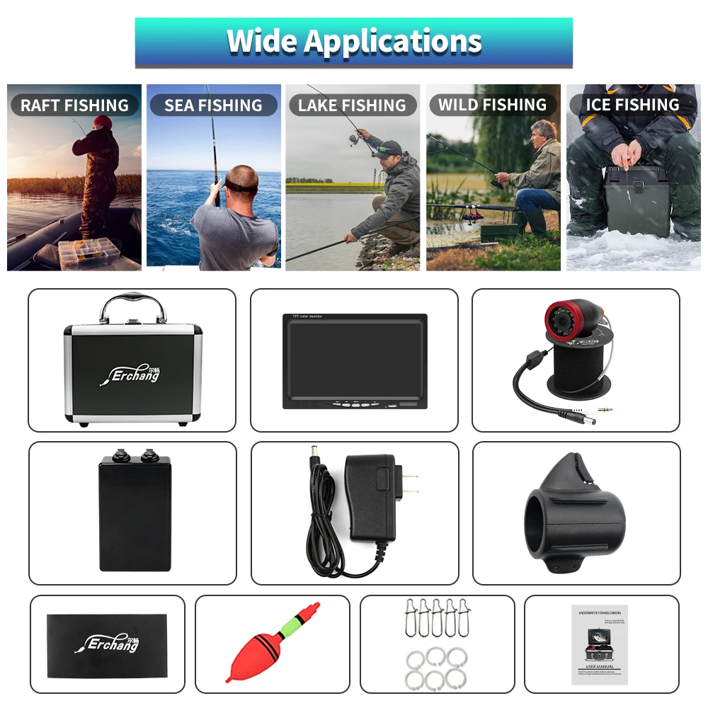 Erchang 7 Inch Underwater Fishing Camera 15M Infrared 24PCS Lights Waterproof Fish Finder Camera For Winter Ice  Fishing