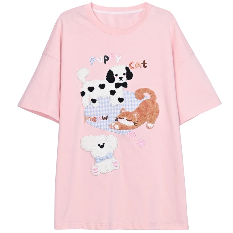 

Forest Women's Tribe Original Cat And Dog Party Cute Girl Pink Cute Cute Fun Towel Embroidered Short Sleeved T-shirt Summer Top