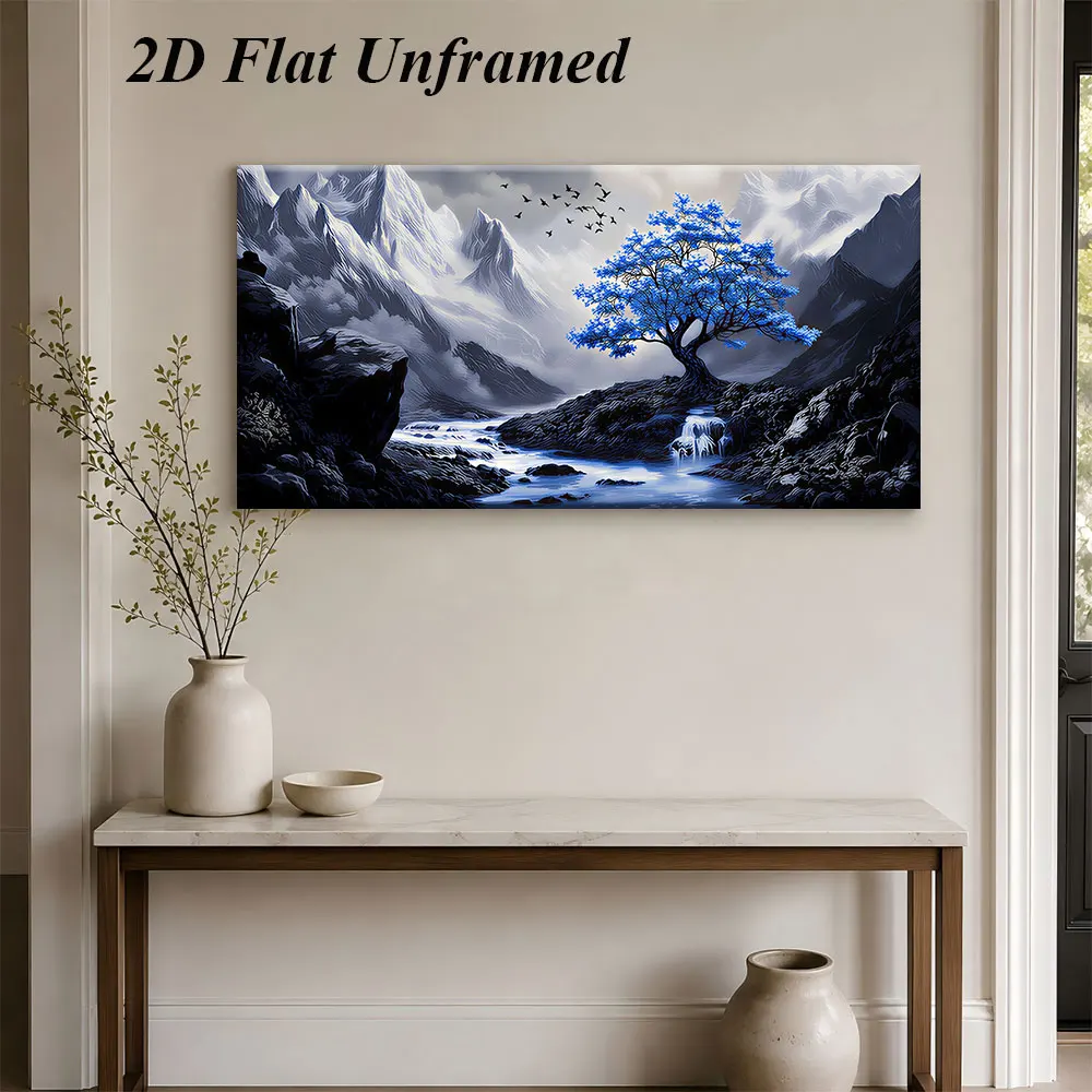 Large-sized frameless canvas paintings,(1PC Unframe)1 piece of blue tree landscape frameless decorative painting, creating a qui