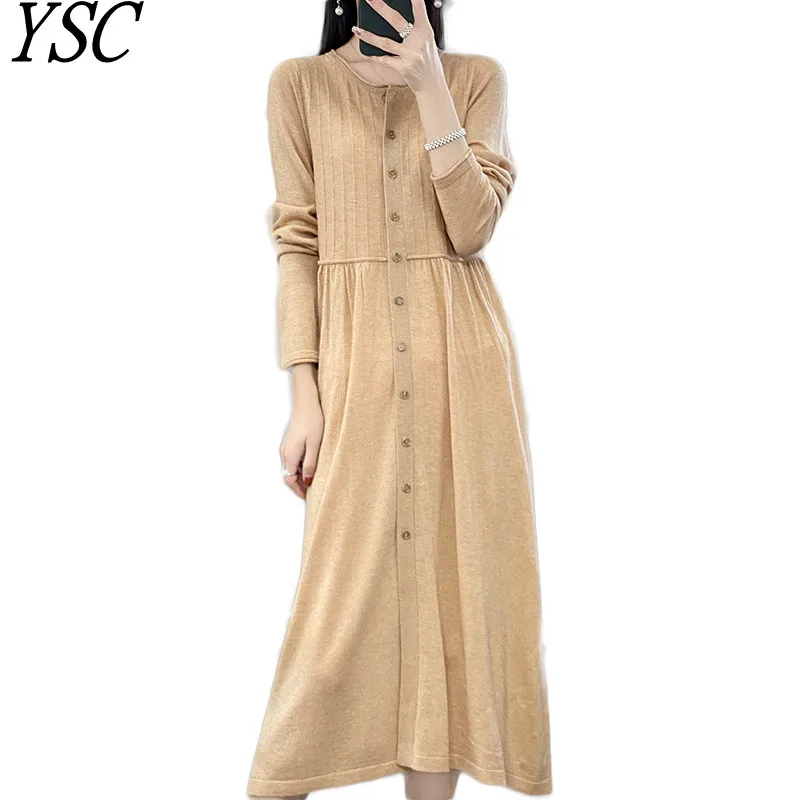 

YSC 2024 Women Knitted Wool Long Dress Round neck long sleeves Single row buckle decoration high quality pleasantly Dress