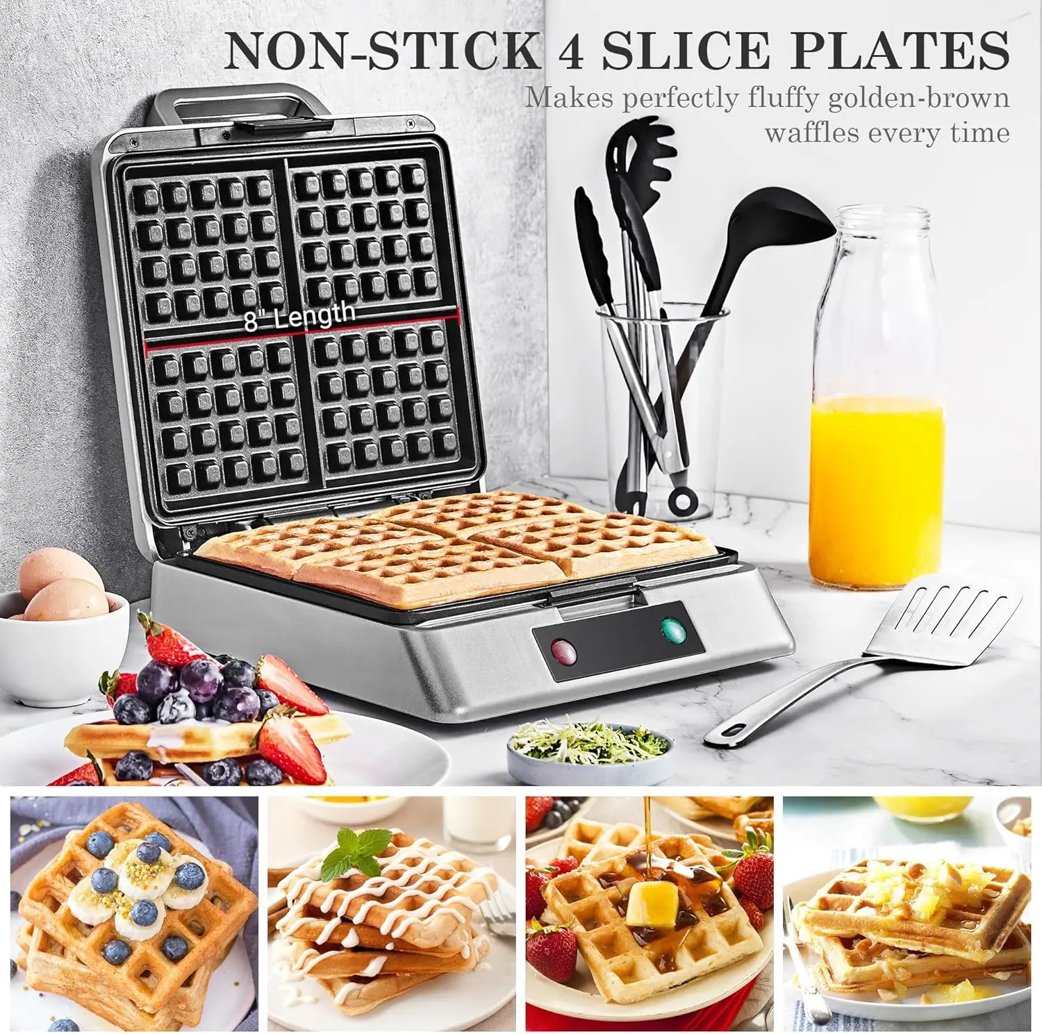 

Waffle Maker, Belgian 4 Slice square stainless steel waffle maker, Non-Stick Surface for Easy Cleaning