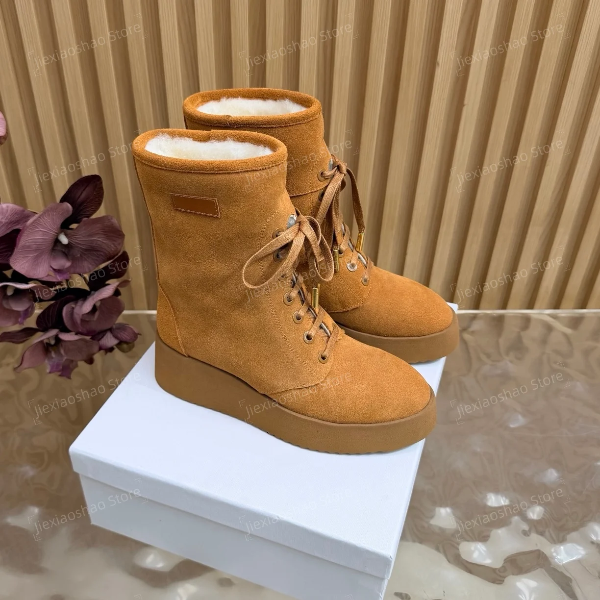2026 New Collection Winter Cow Suede Round-Toe Thick Sole Lace-Up Ankle Boots Wool Snow Boots Chelsea Boots Zapatos De Mujer