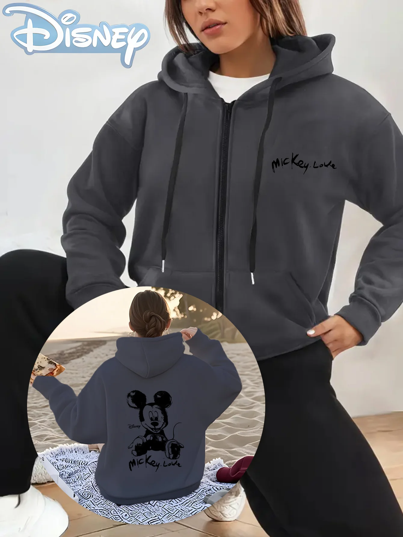 Motif 'Mickey Mouse' sous licence Disney, imprimé double face, sweat à capuche zippé avec cordon de serrage, sweat-shirt double poche.