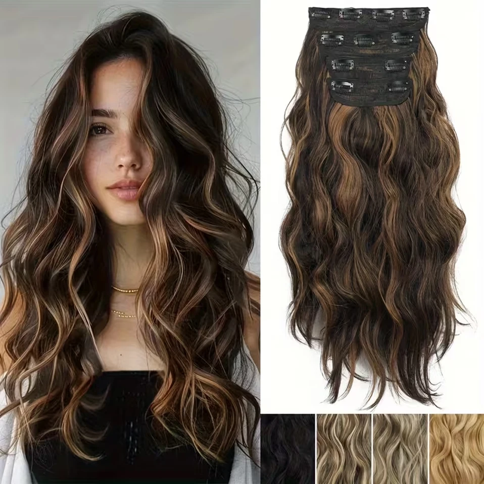 4 Pieces Set Clip In Hair Extensions Highlight Wavy Curly Long Synthetic Hairpieces For Women 22 Inch 180g Hair Clips Hair