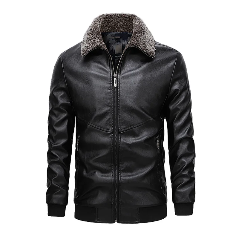 Mens Winter Cotton Padded Lining Motorcycle Windproof Warm Coat Male Fleece Collar Outwear Clothing 5XL New Leather Jacket MY314