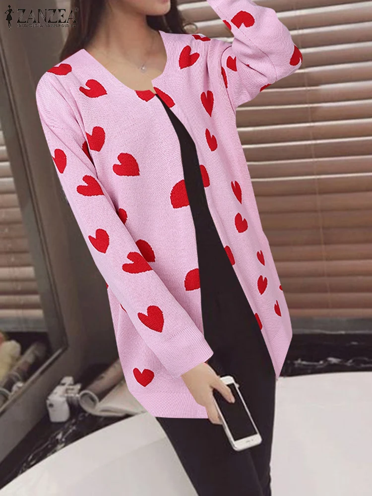 

ZANZEA Fashion Women Knitted Sweaters Heart Print Long Cardigans 2025 Autumn Long Sleeve Jumpers Casual Shirts Winter Sweater