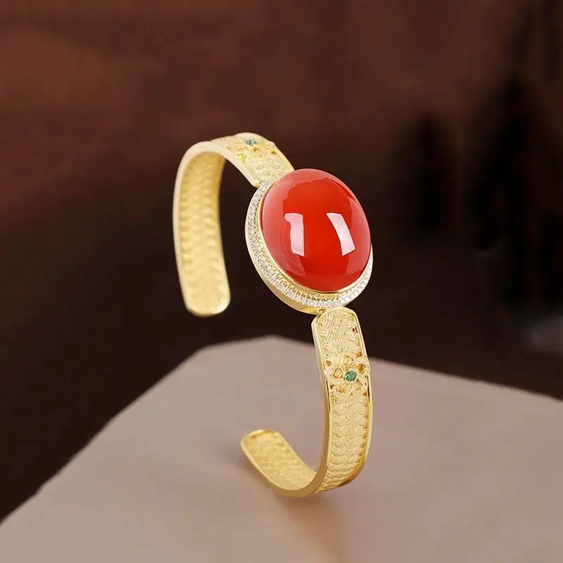 

Creative South Red Tourmaline bracelet for women Luxury Ancient gold crafts Court style Chinese vintage Open bangles Jewelry