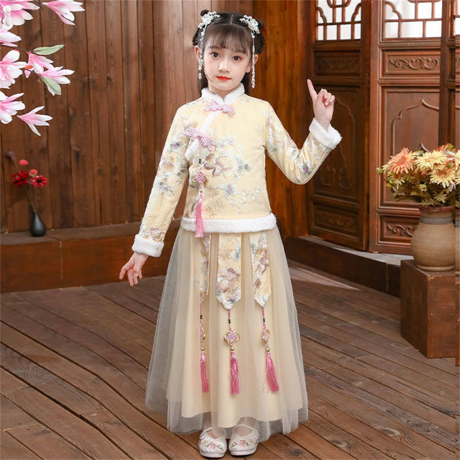Chinese New Year Kids Dress Baby Girls Children Fairy Hanfu Fleece Lined Warm Embroidery Coat Jacket Tops+Princess Tulle Skirts image 4