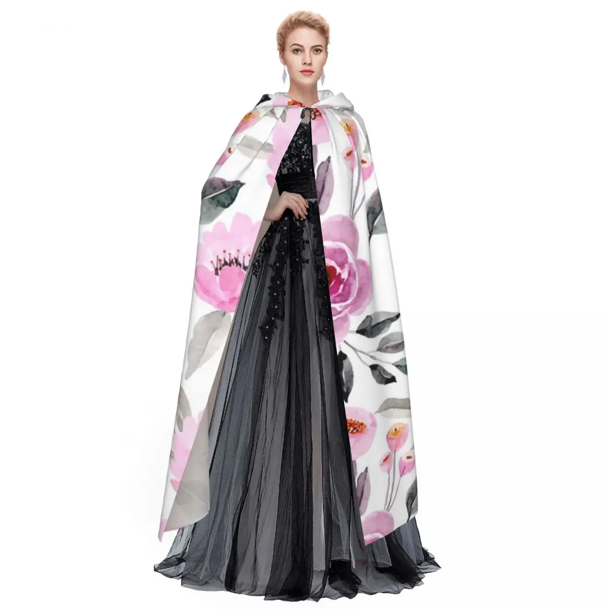 Fundos florais vintage, um visual atemporal, capa longa com capuz, bruxa, fantasia medieval, capa cosplay, festa de halloween, adulto, unissex