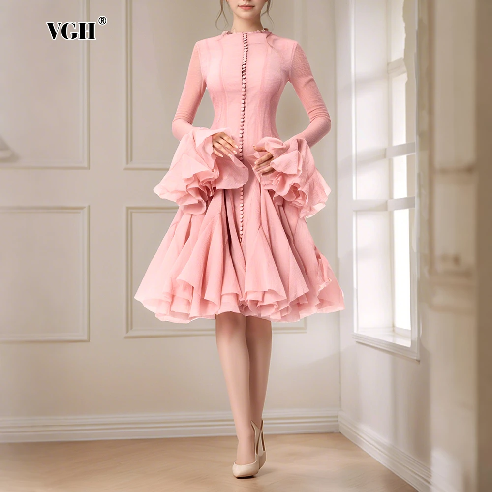 VGH Elegant Spliced Ruffles Midi Dresses for Women O Neck Petal Sleeve High Waist Slim Patchwork Buttons Solid Dress Female New