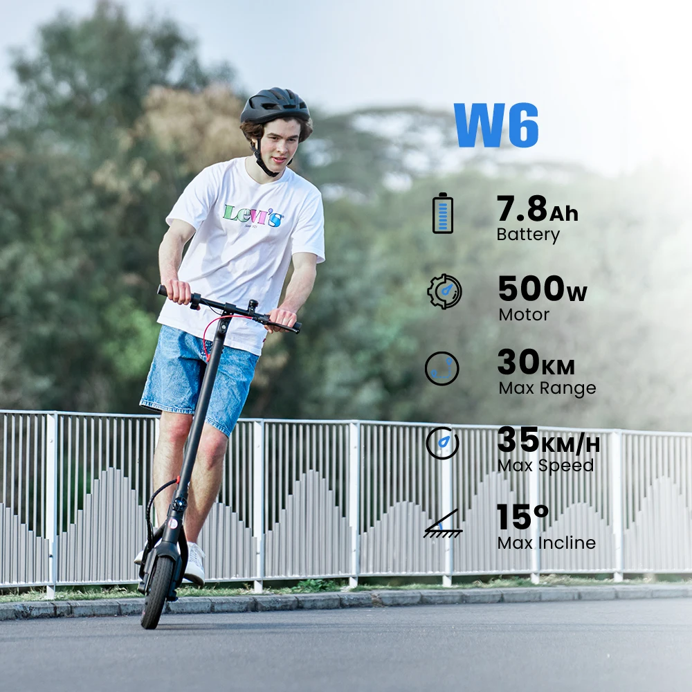 Patinete eléctrico W6 de 10 pulgadas y 500W para adultos, 36V 10.5Ah, velocidad 35km/h, compatible con aplicaciones, alcance 30km, patinetes eléctricos urbanos