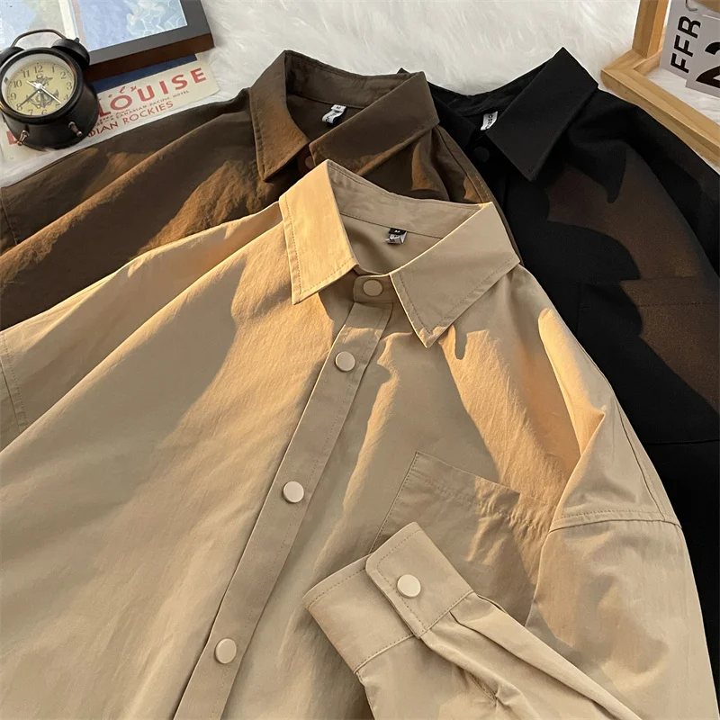 

Loose Fit Long Sve Casual irt Men's Trendy Brand Simple Versatile Outerwear Haome Pure Color Leisure irt