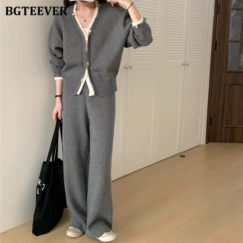 BGTEEVER Casual Loose Female Knitted Tracksuits V-neck Single-breasted Cardigans Sweaters & Straight Pants Women 2 Pieces Set