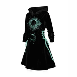 Dressfo 2025 Women's Hoodie Dresses Contrast Sun Moon Print Hooded Dress Lace Up Mini Dress Long Sleeve Dress