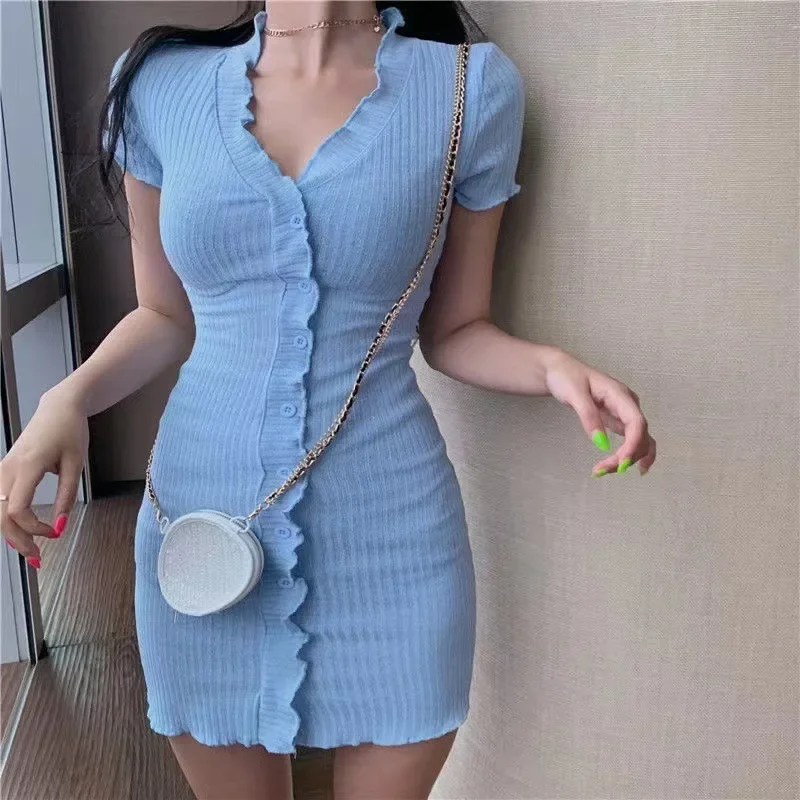 

Short Sleeve Dress Women Slim V-neck Button Mini Solid Robe Summer High Waist Sexy Sweet Holiday Korean Chic Club Vestido Y2k