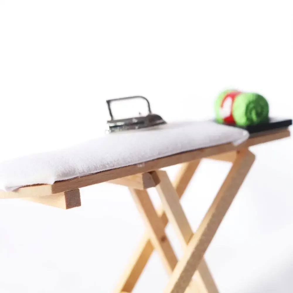1:12 Dollhouse Miniature Wooden Ironing Board Table Cotton Thread Ironing Machine Model Sewing Life Scene Dollhouse Furniture