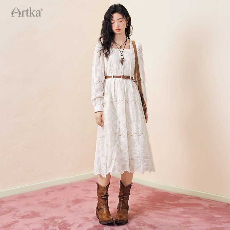 ARTKA 2023 Autumn New Women Dress Elegant Lace Embroidery Square Neck Dresses Long Sleeve White Midi Dress With Belt LA92530Q