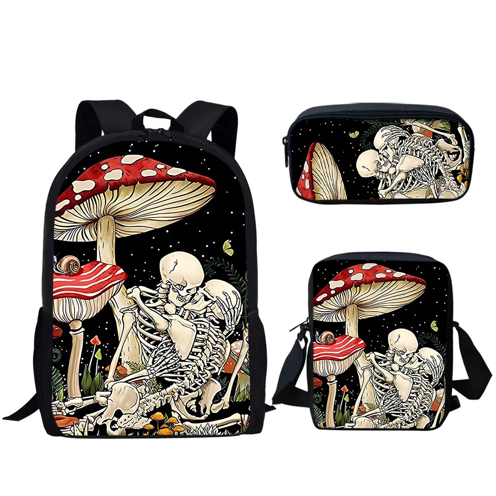 Belidome Casual Schule Taschen Mushroom Lustige Schädel Druck 3Set Reise Rucksack für Teen Mädchen Leichte Schul Zurück zu Schule