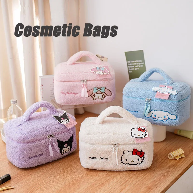 

New Sanrio Plush Cosmetic Bag Cute Girl Hello Kitty Kuromi Embroidered Cosmetic Bag Cartoon Large Capacity Portable Storage Bag