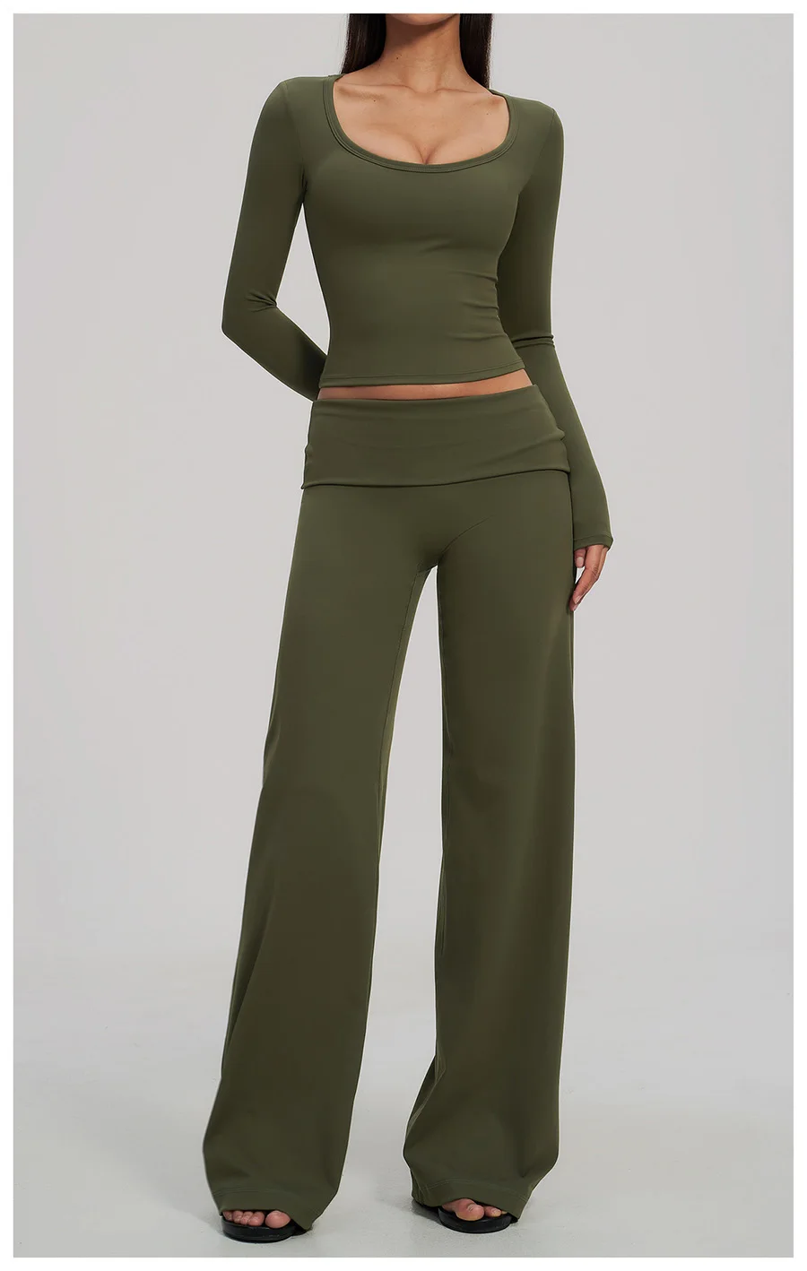 2-teiliges Yoga-Set für Damen, Langarm-Fitness-Oberteil, Trainingsanzug, Sportbekleidung, High-Waist-Hose mit geradem Bein, Fitness-Sportanzug – Detail 16