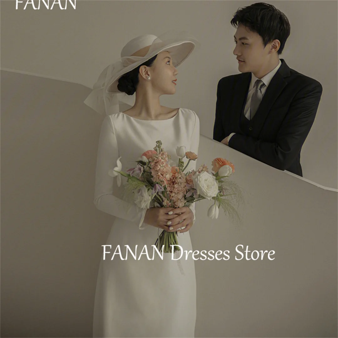 FANAN Korea O-Neck Wedding Dresses Satin Sheath 웨딩드레스 Ivory Long Sleeves Open Back Custom Made Vintage Bride Gowns Plus Size