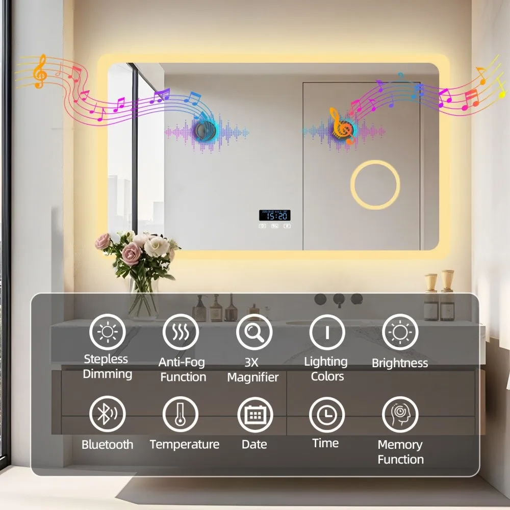 LED Bluetooth Bathroom Mirror 3x Magnifying Vanity Mirror w Anti-fog, 3 Color Memory Light, Rectangular 1200mm, 1000mm, 800mm