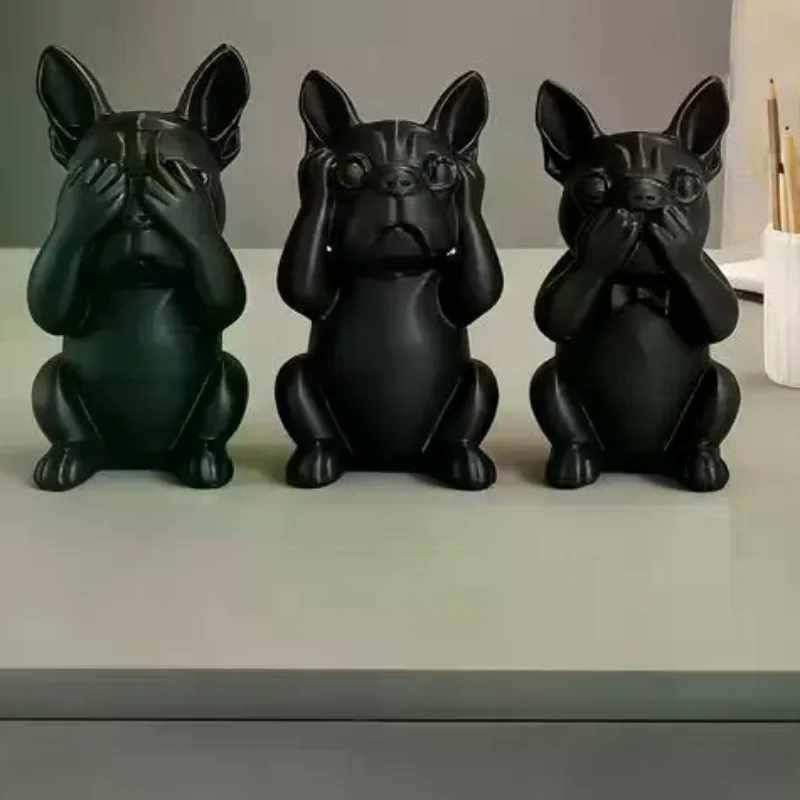 New Three Smart Dog French Bulldog Statue Ornament, Listen, Look, Speak Smart Dog Statue, Desktop Decoration Gift For Dog Lovers