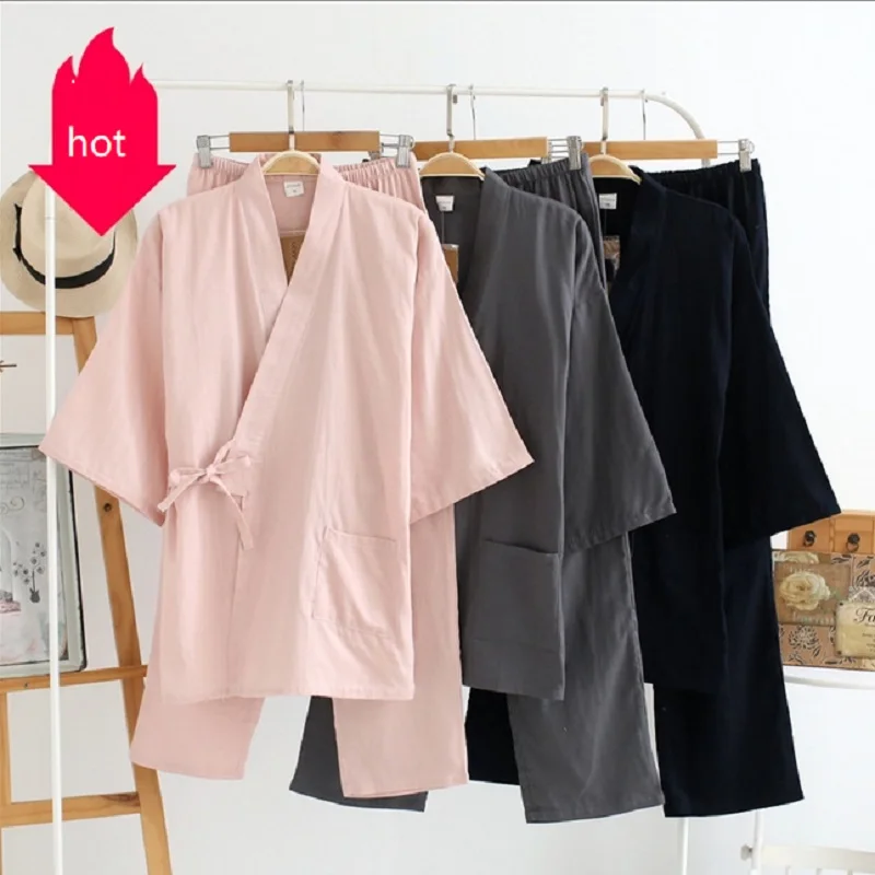 

Men Traditional Japanese Pajamas Set Cotton Robe Pants Kimono Haori Yukata Nightgown Wmoen Gown Sleepwear Obi Outfits