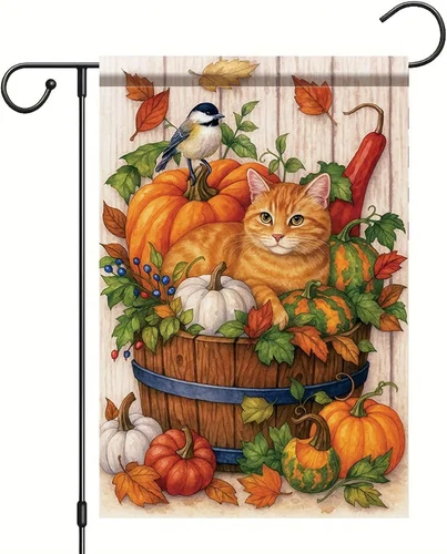 Thanksgiving Fall Garden Flag Orange Tabby Cat Flag 12X18 Inch Double-Sided Pump PPZ